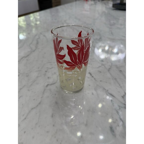 MCM Vintage Federal Beverage Glasses Red Leaves & White Lattice With Caddy RARE - Picture 2 of 6